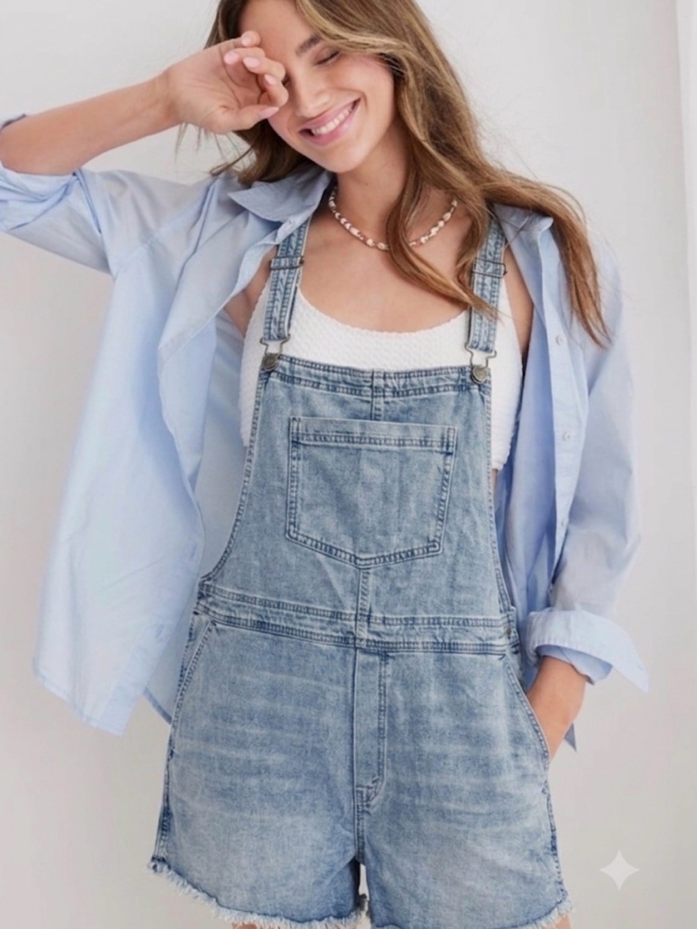 AERIE Shortall Distressed Women's Light Blue Denim Short Overalls - #160